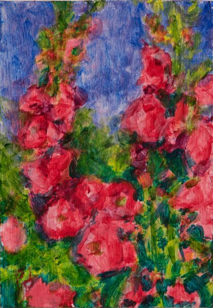 Hollyhocks - 3.5x2.5 inches - vertical acrylic on panel unframed