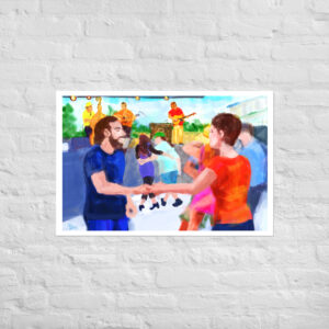 Poster: “Dancing Fridays” digital drawing of people dancing to a live band