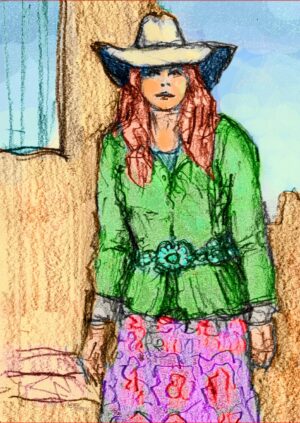 "Cowgirl in Green" detail of pencil+colorize by peterdustrud.com