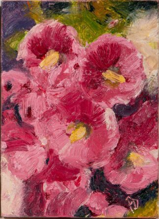 Hollyhocks in Sun - mini painting by peter dustrud