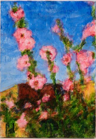 pink hollyhocks by peter dustrud