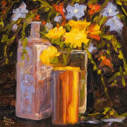 Still Life with Frosted bottle 6x6 oil on panel by peter dustrud