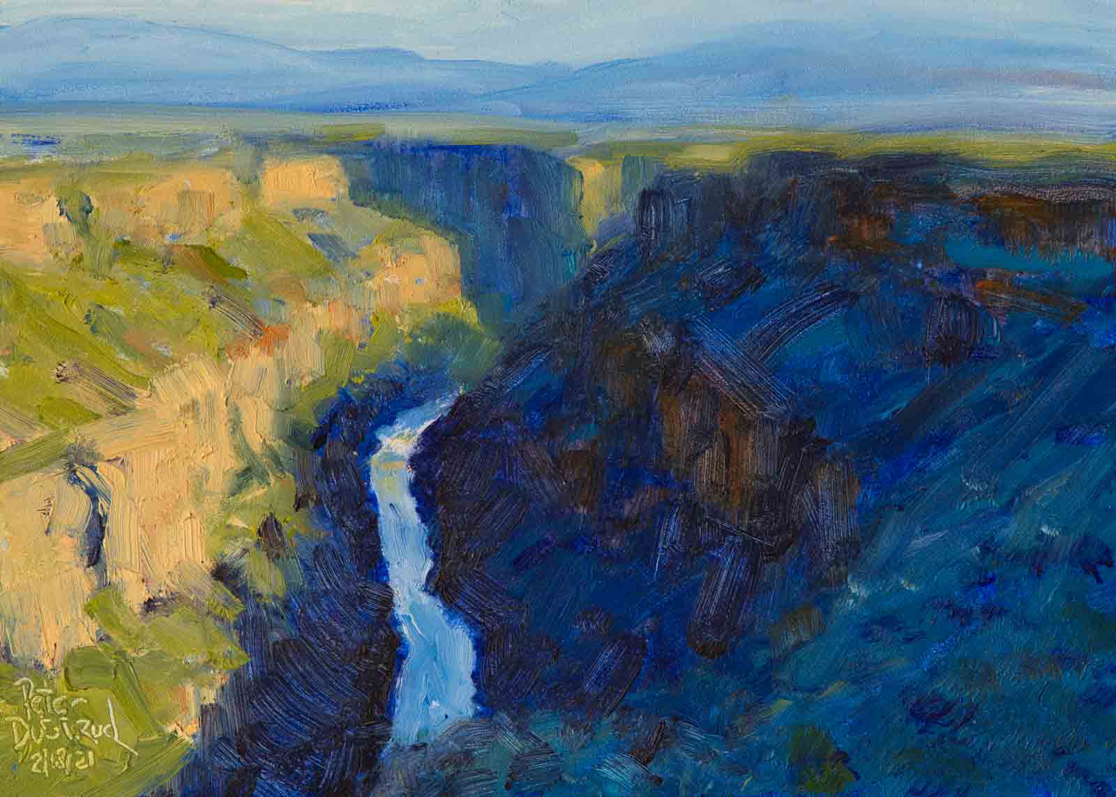 Rio Grande from Taos Gorge Bridge 5x7 oil on panel by peter dustrud